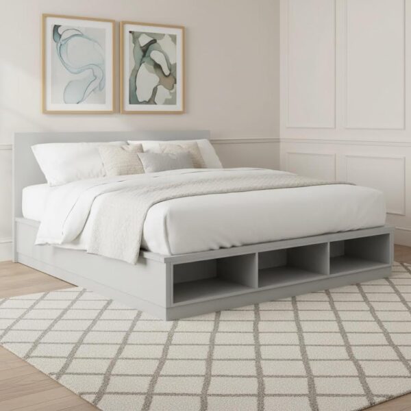 Naqi King-Sized Bed with Storage, Grey & White - 180x200 cm